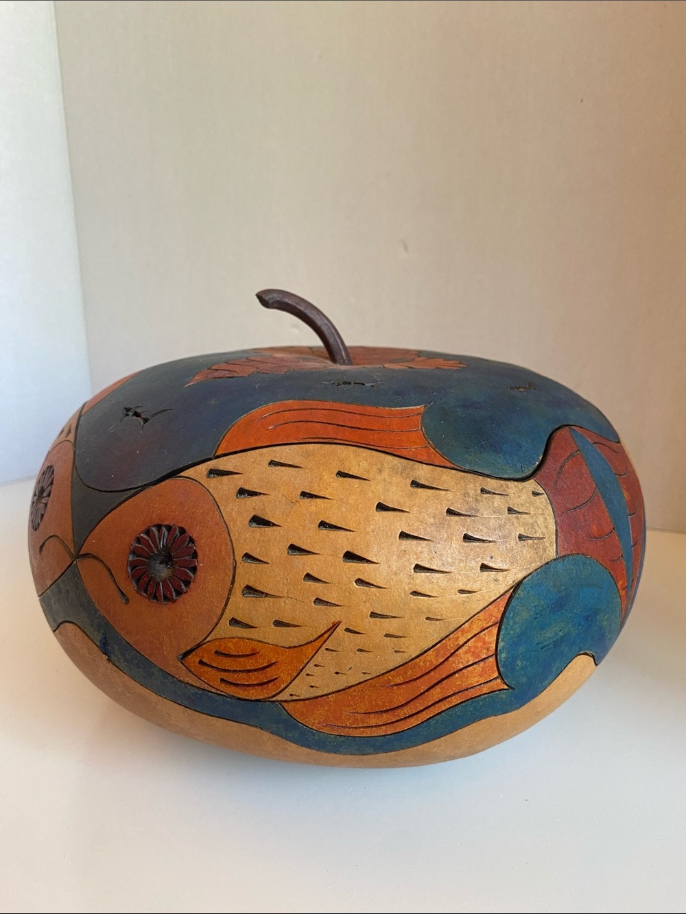 Vintage Hand-Painted Decorative Carved Gourd Fish Motif Artist Duane Teeter 1995